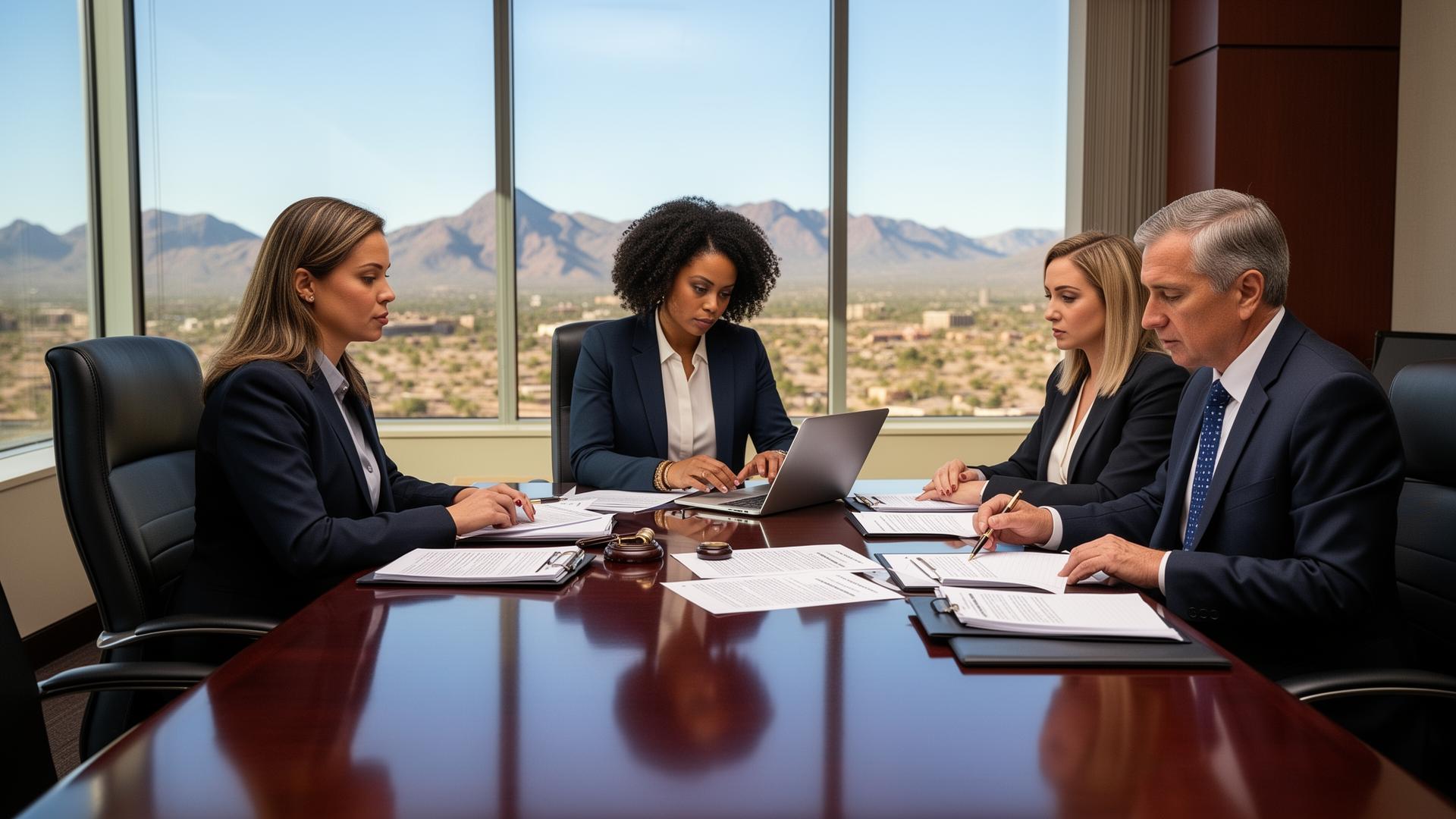 Arizona criminal defense lawyer team meeting in a Phoenix law firm conference room reviewing a case
