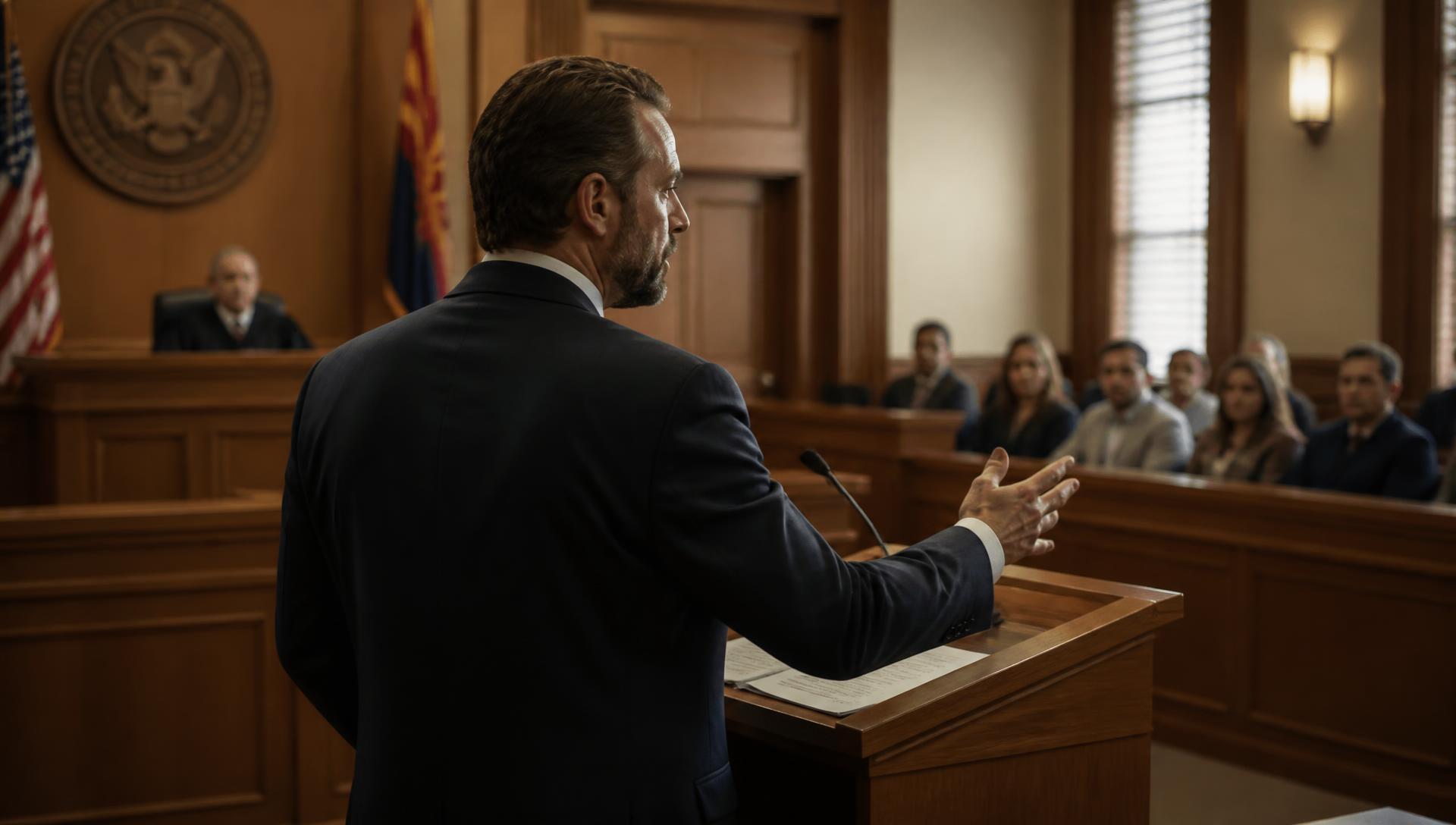 phoenix drug crime defense lawyer — Arizona defense attorney arguing a criminal case before a judge in a Phoenix courtroom