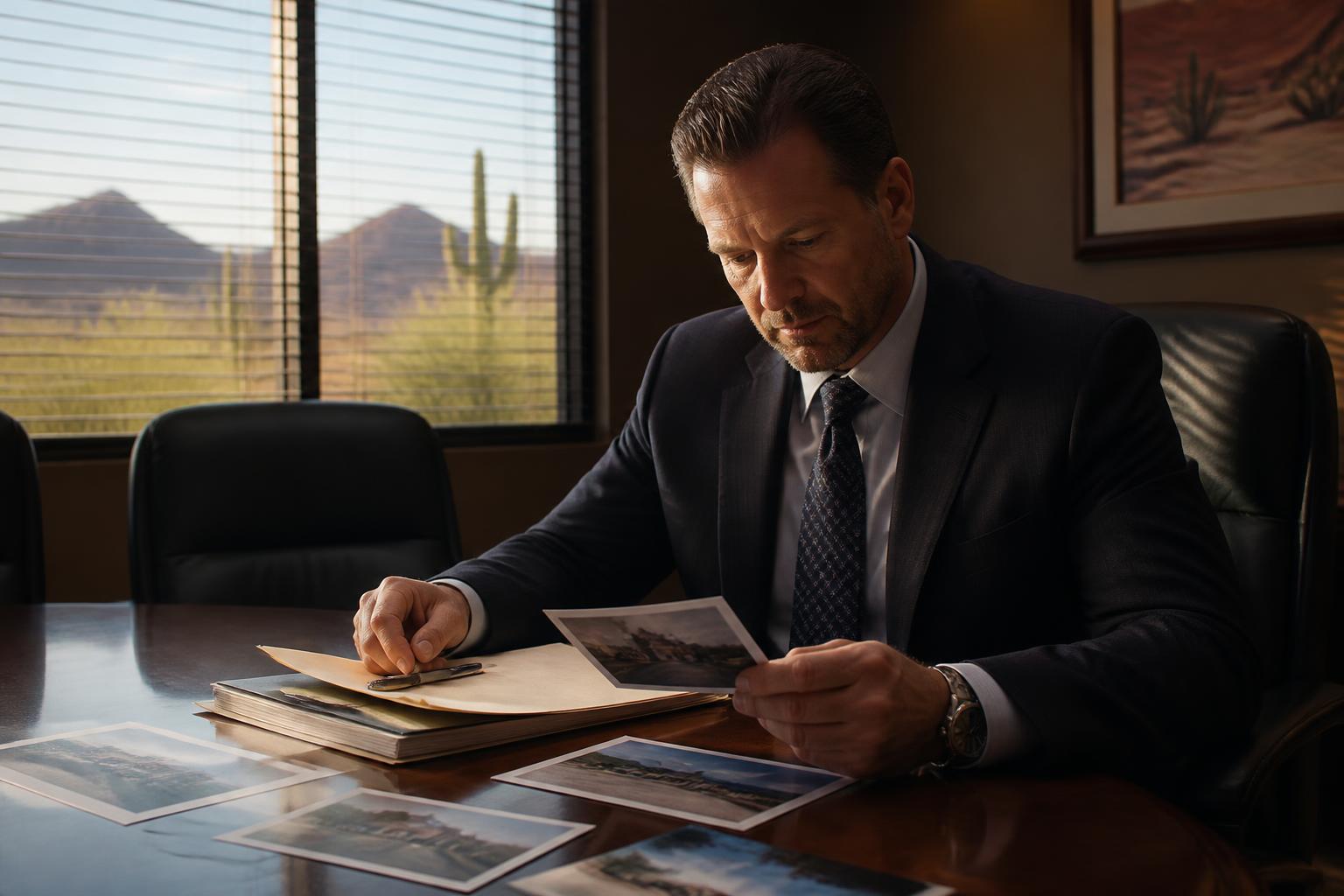 phoenix attempt defense lawyer — Phoenix attempt defense attorney reviewing evidence photographs and an ARS 13-1001 attempted crime case file