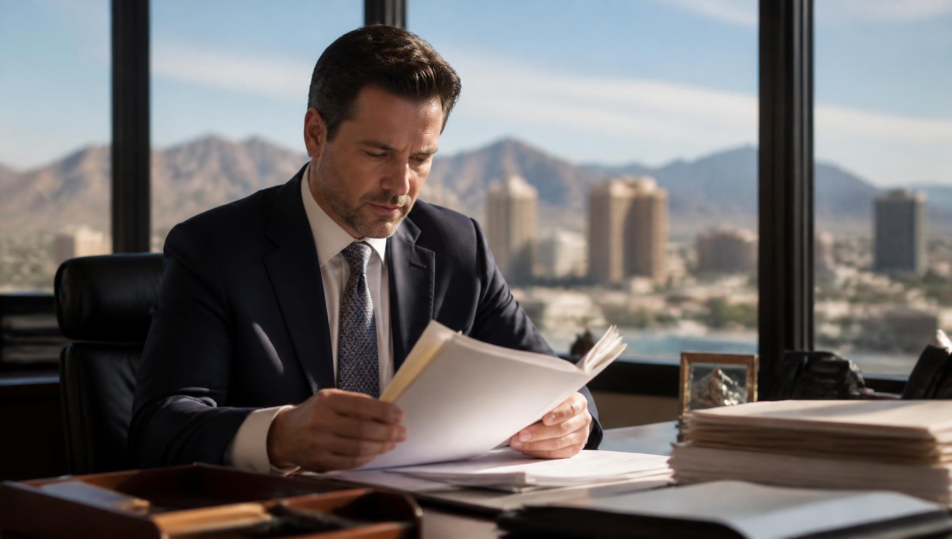 Phoenix criminal defense attorney reviewing case files and police reports in a downtown Phoenix office