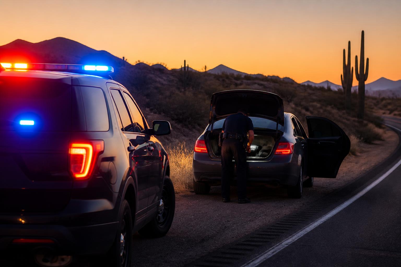 phoenix drug trafficking defense attorney — Phoenix drug trafficking defense attorney case scene — Arizona highway traffic stop and vehicle search at dusk outside Phoenix